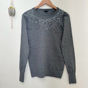 Gray Rhinstones Sequins Accented Cotton Sweater Women's Size Small